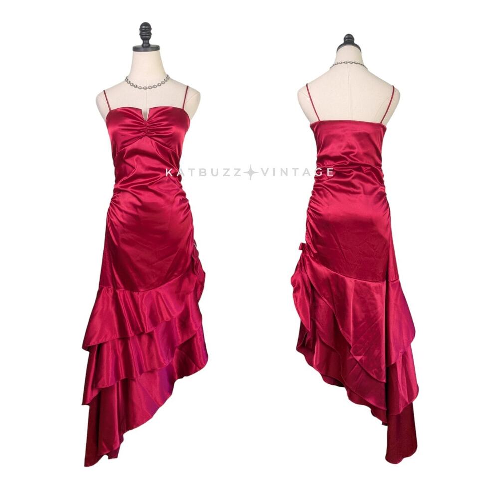 Vintage Nites Prom Dress Midi Maxi Gown 10 Red Ruffle Glam Satin Goth Retro Bow